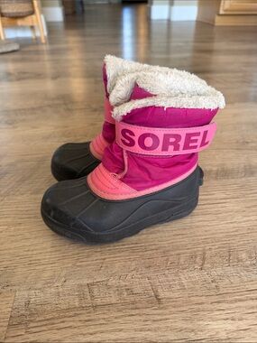 Sorel Pink and Black Kids Winter Boots with Faux Fur Trim